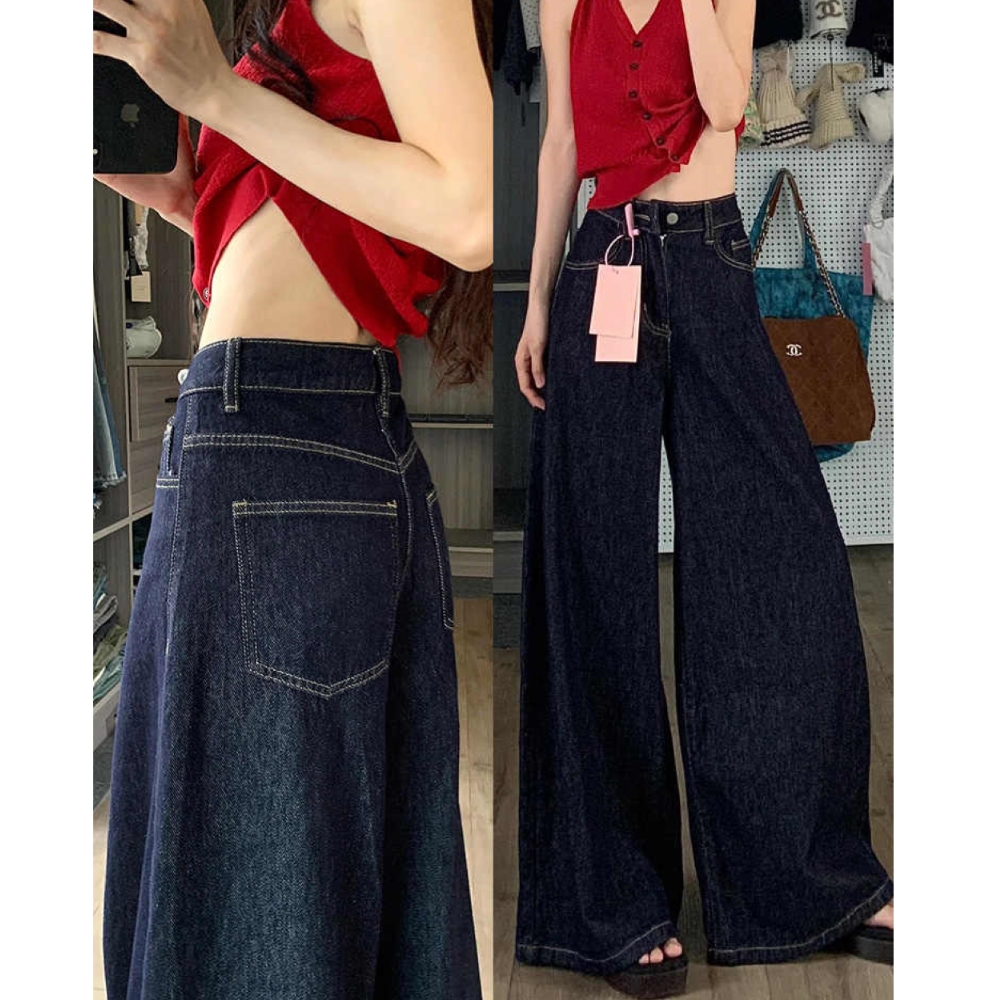 复古深色简约高级感A版牛仔裤女2025夏季新款高腰显瘦遮跨阔腿裤