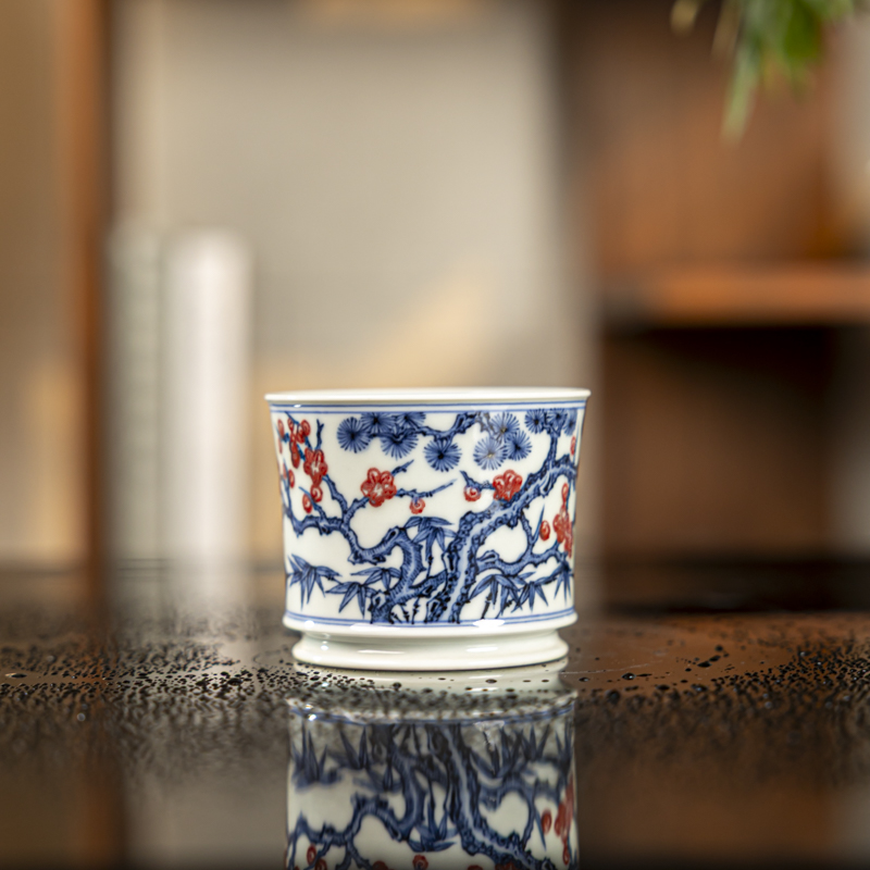 【小乔赏瓷】景德镇手工手绘司陶坊岁青花釉里红寒三友直口杯stf187