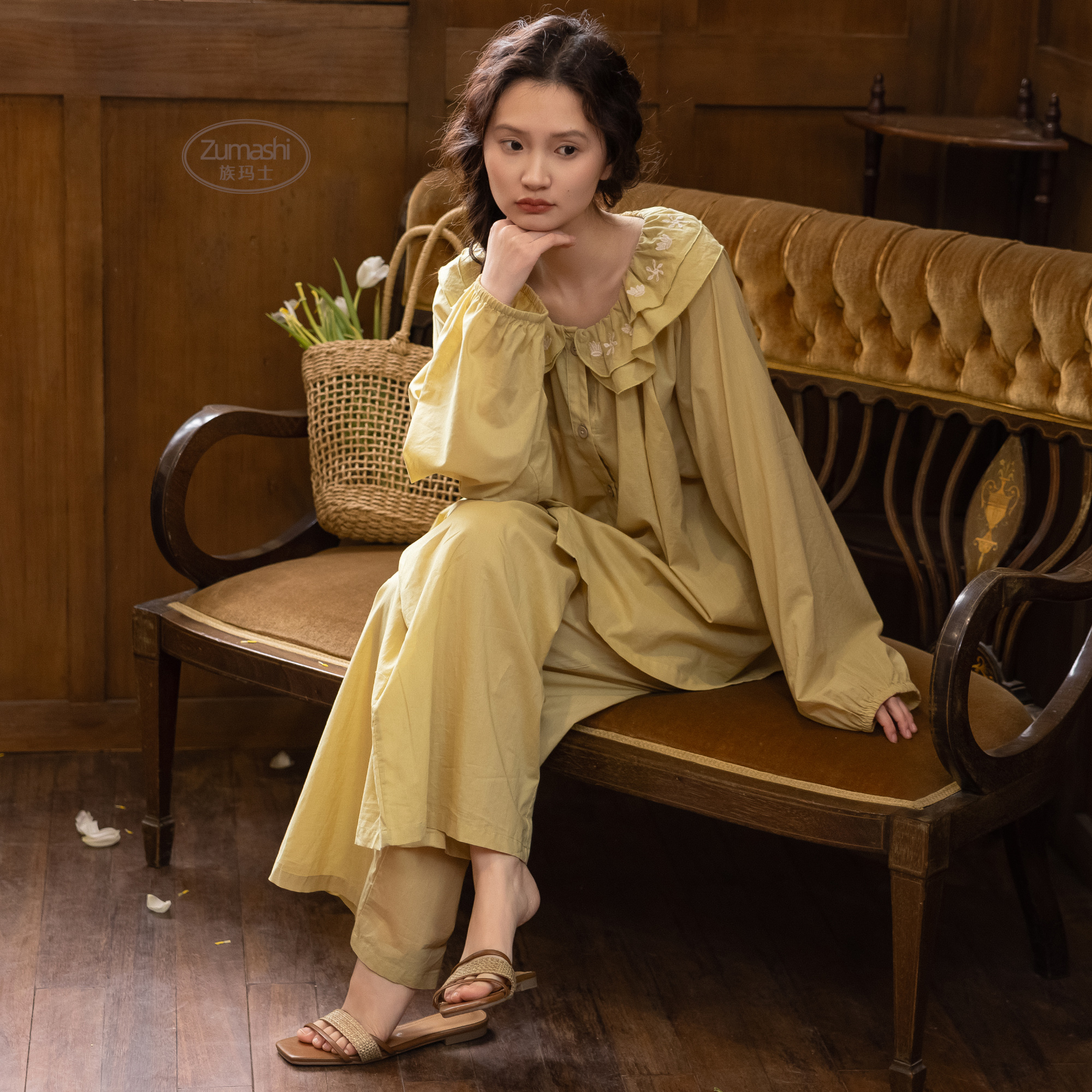 族玛士睡衣女春秋季长袖长裤纯色刺绣纯棉套装大码家居服法式抑菌