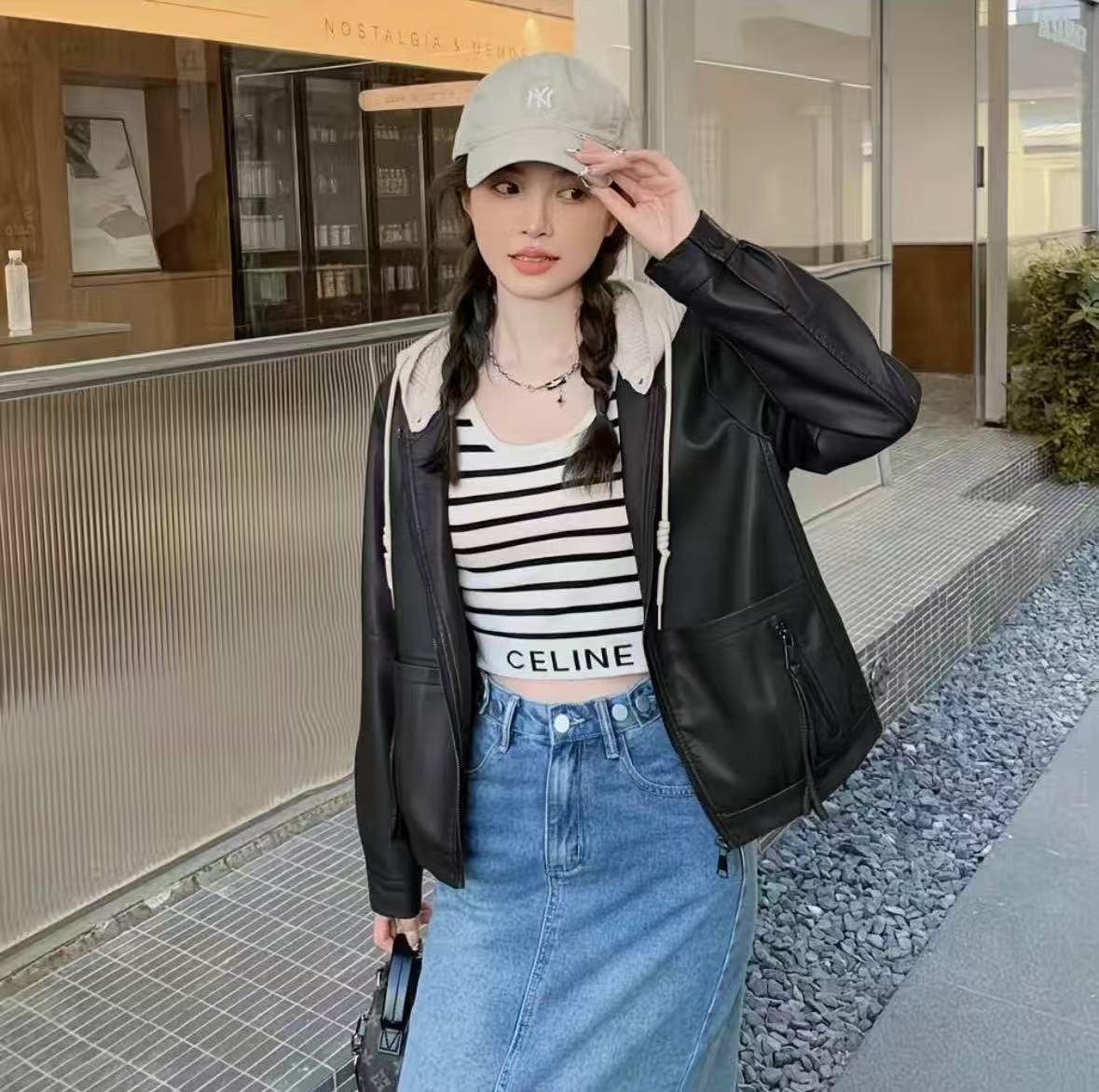 针织连帽棕色皮衣外套女春秋2025新款高级感爆款pu皮夹克小个子