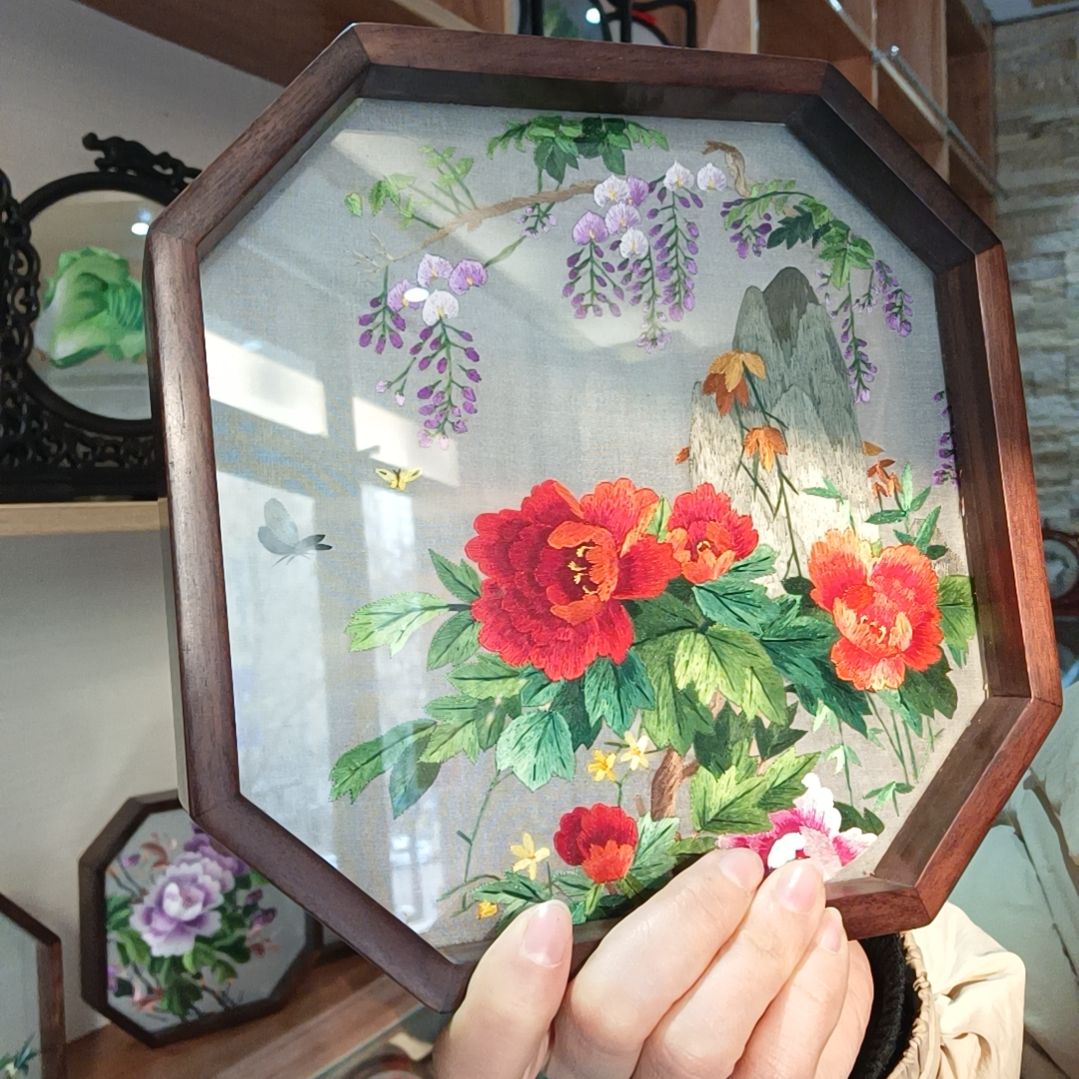 【闪购商品】刺绣胡桃木八边形双面绣紫藤牡丹