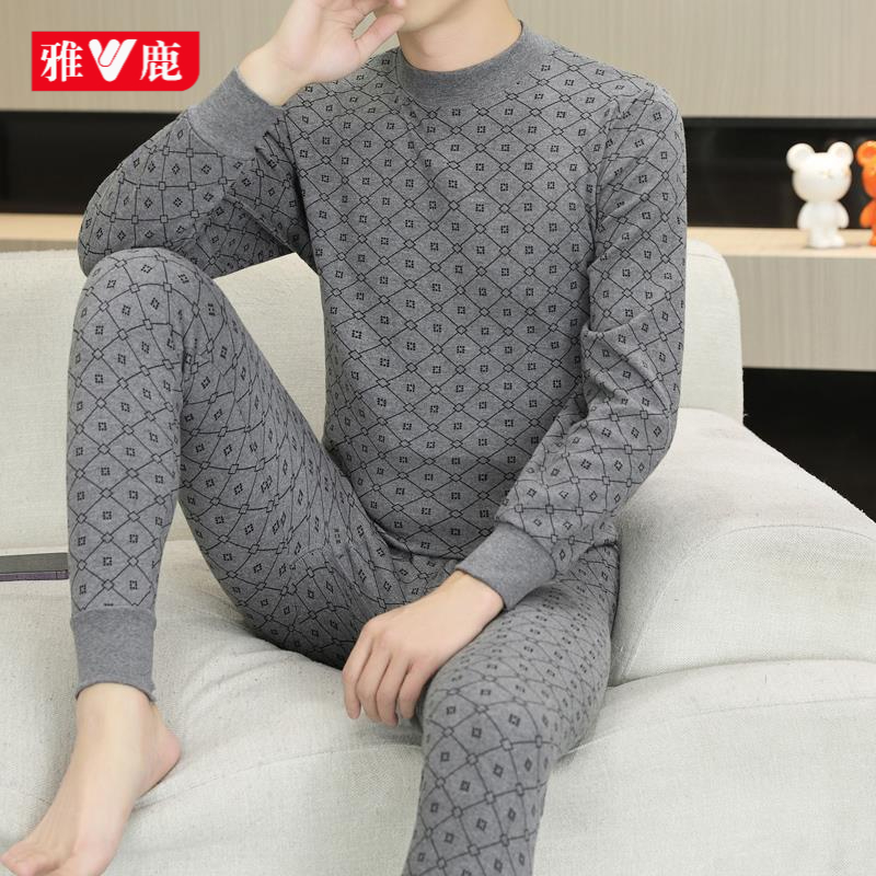 雅鹿男士秋冬季保暖套装印花秋衣秋裤内衣薄款打底衫休闲舒适男装