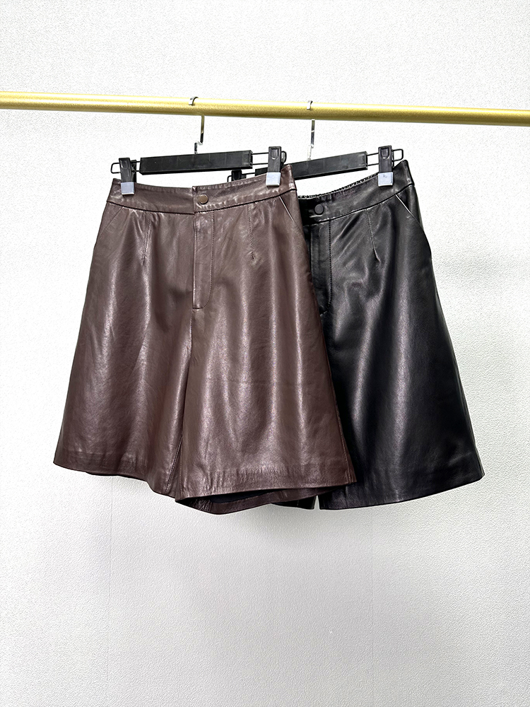 2025款秋冬款后松紧腰植鞣绵羊皮真皮经典五分皮裤女阔腿裤