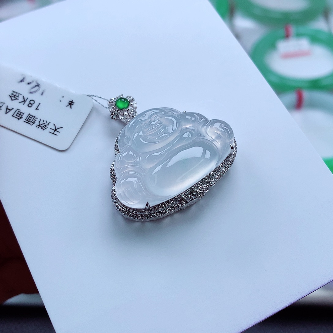 翡翠吊坠(不含链)18K金镶嵌白冰透光佛公