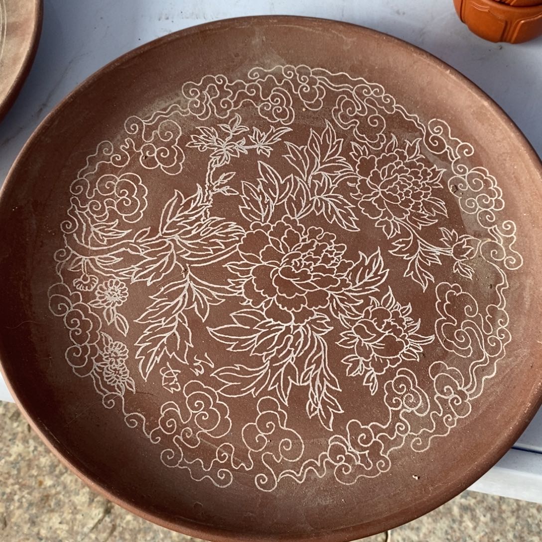 茶壶紫砂牡丹花紫砂盘24-25cm