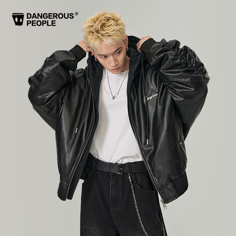 Dangerouspeople薛之谦dsp秋季机能风棉服宽松潮假两件连帽PU外套