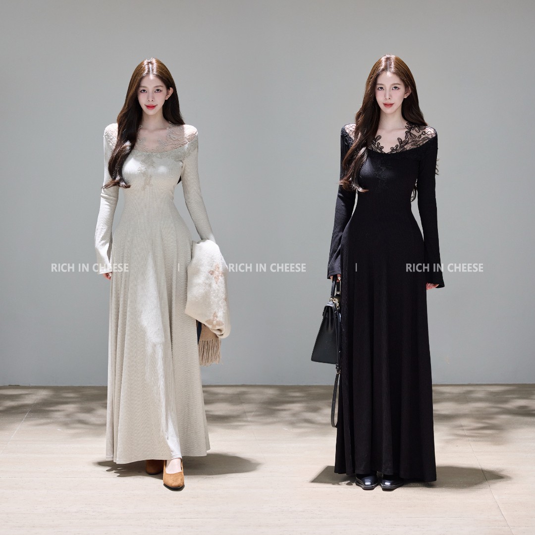 舒胡蕾 蕾丝月光【新春限定】秋冬温柔风镂空蕾丝针织收腰连衣裙