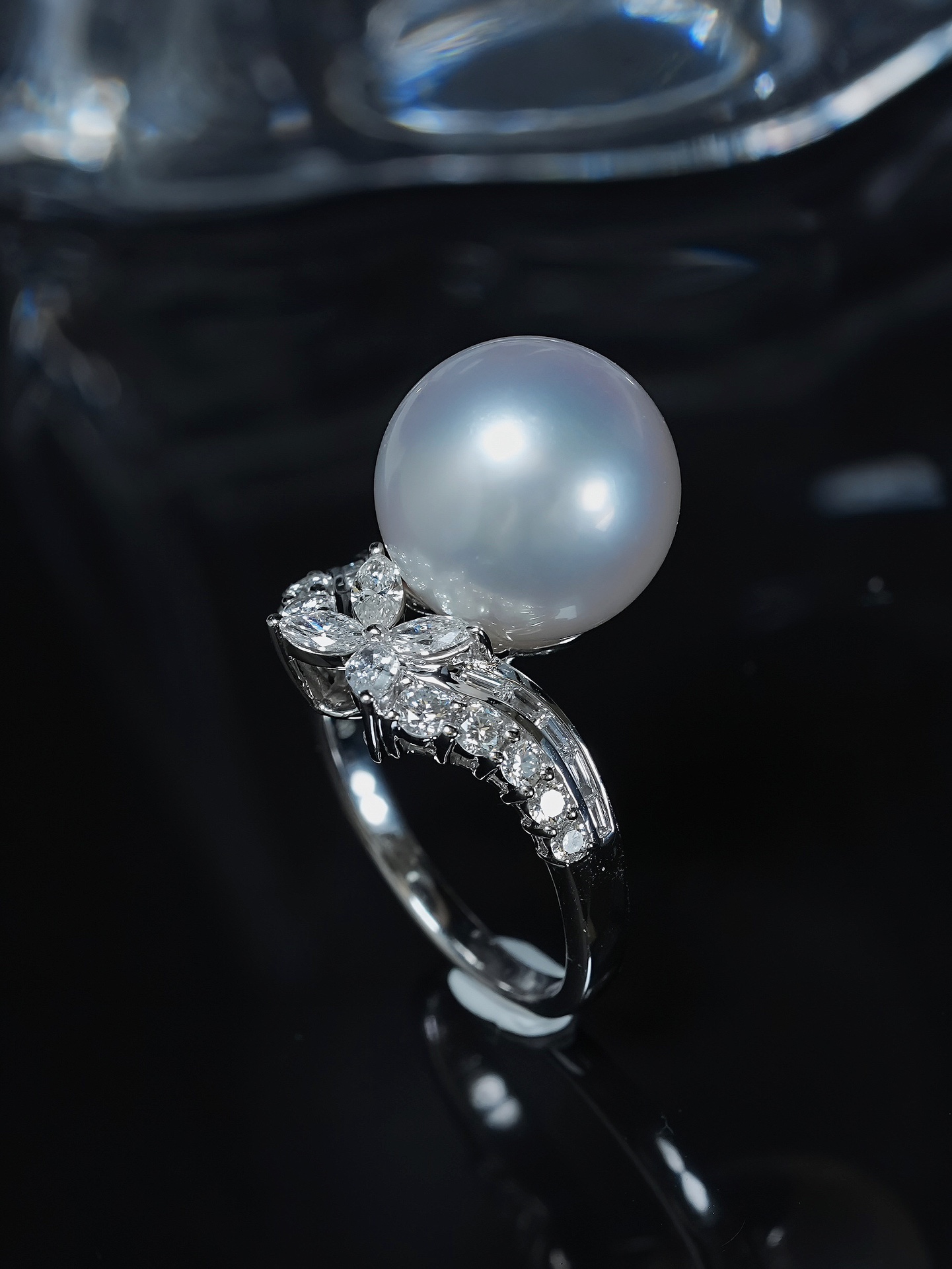 美珍真 18K金镶嵌钻石 澳白珍珠戒指 海水珍珠  13.1mm 时尚百搭