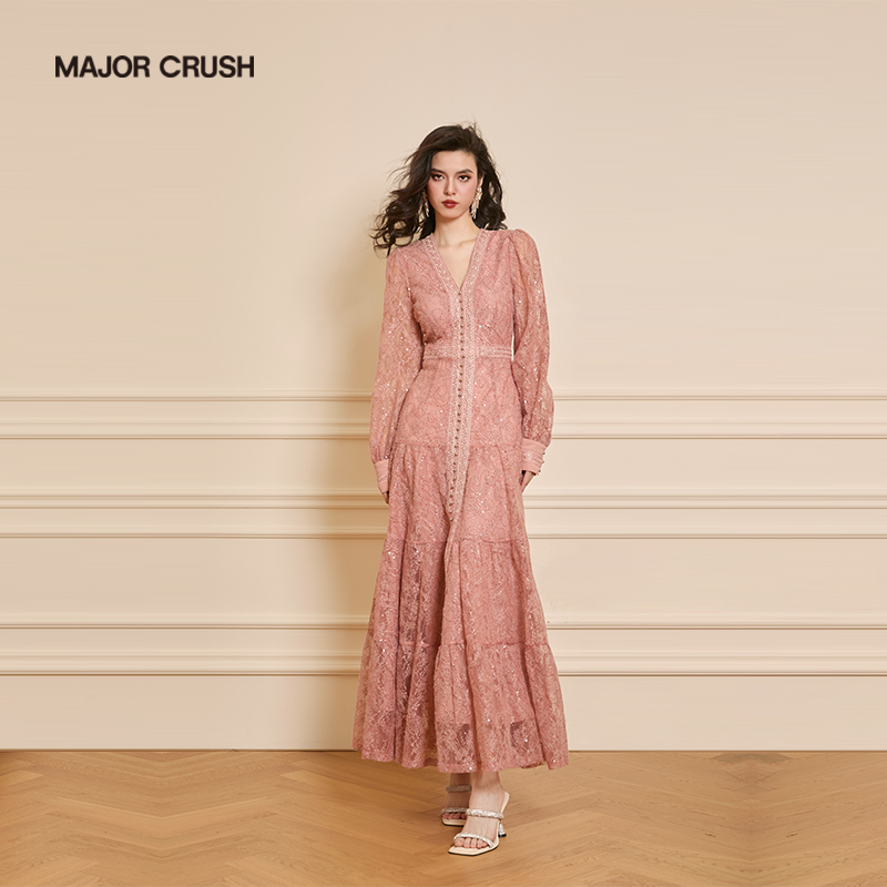 MAJOR CRUSH【粉色日记】女装轻奢蕾丝修身显瘦优雅连衣裙名媛6652