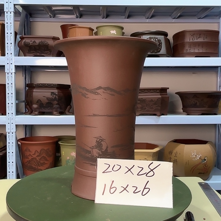 花盆紫砂刻绘寒江雪