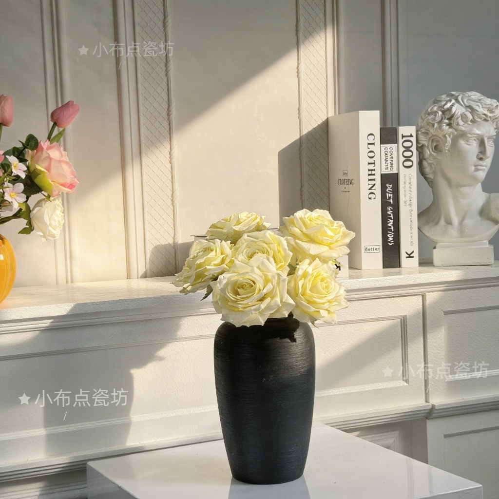 中式黑丝萝卜花瓶仿真花水培鲜花陶罐家居简约创意摆件复古高级感