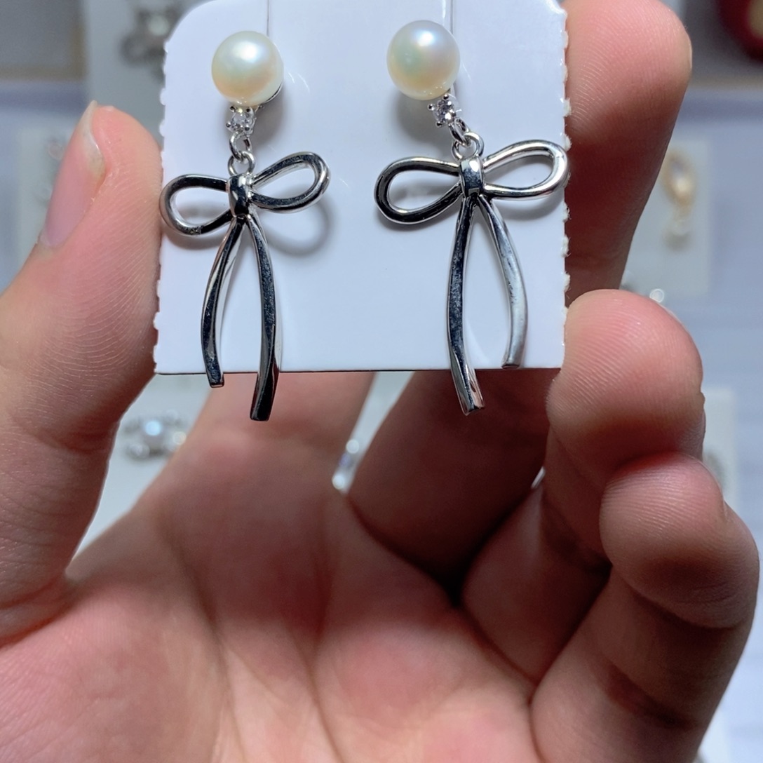 耳饰银S925镶嵌淡水珍珠