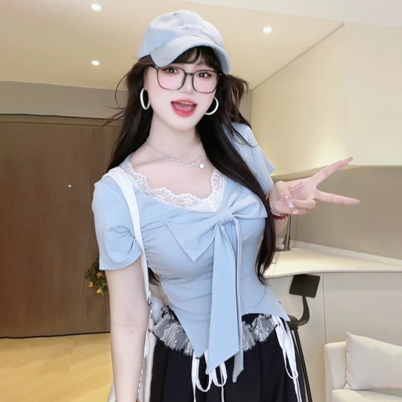 【8798】大码女装微胖mm蝴蝶结短袖T恤夏季拼接蕾丝修身显瘦上衣