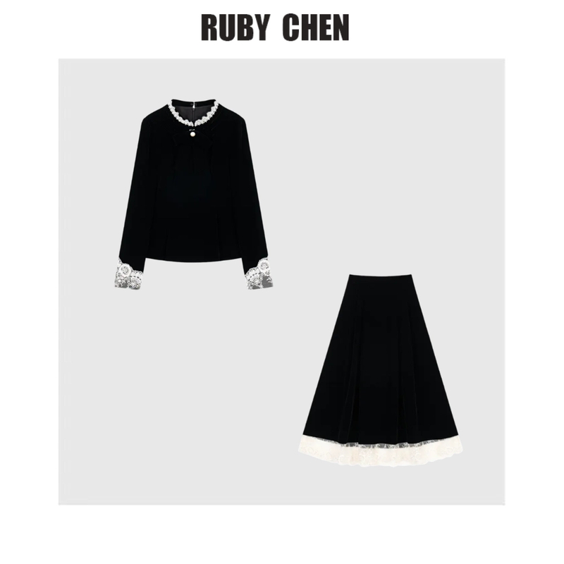 ruby 镜中舞会~原创宫廷风拼接丝绒套装＋半身裙两件套女