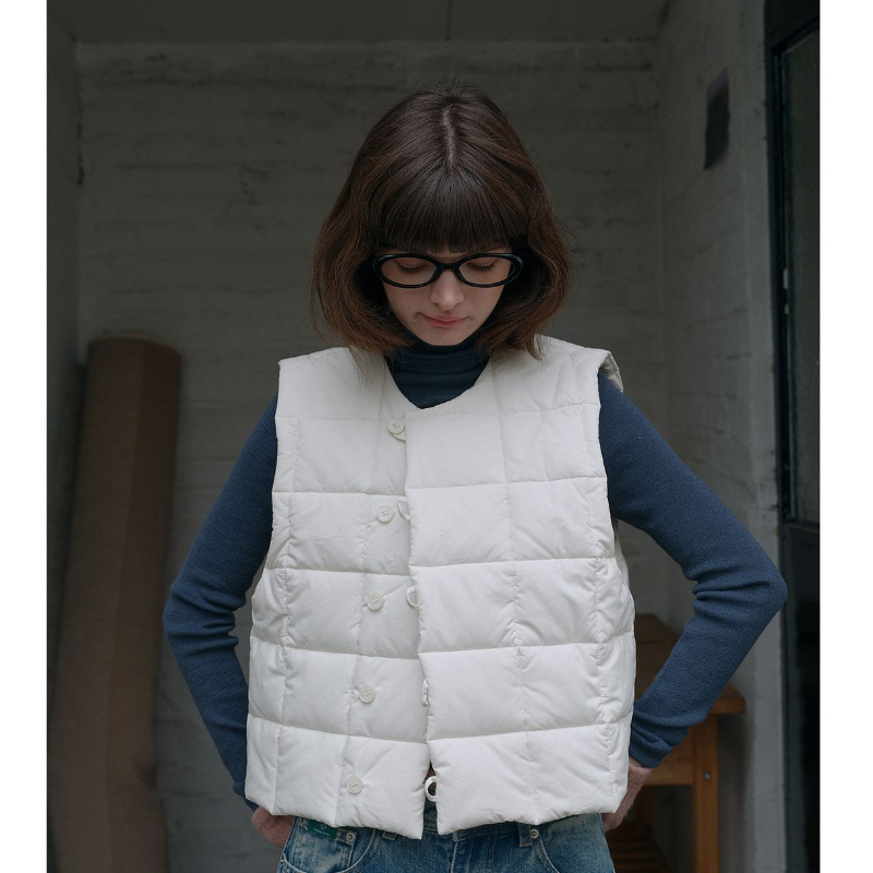 unique point冬季新款圆领方格棉服女复古宽松小众短款马甲