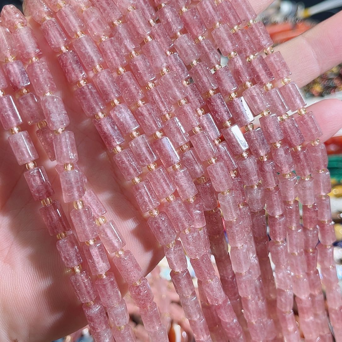 玛瑙/玉髓未镶嵌珠宝半成品草莓晶六角珠一条6x8mm