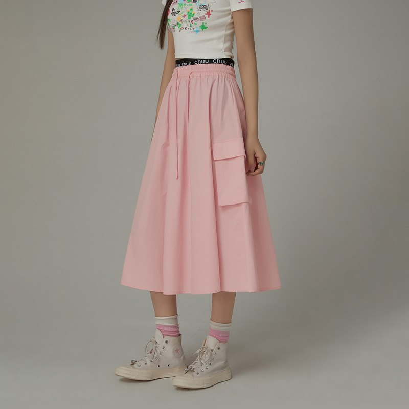 F015【金拐子专属】CHUU撞色拼接腰弹力阔版A字中长款半身裙-F