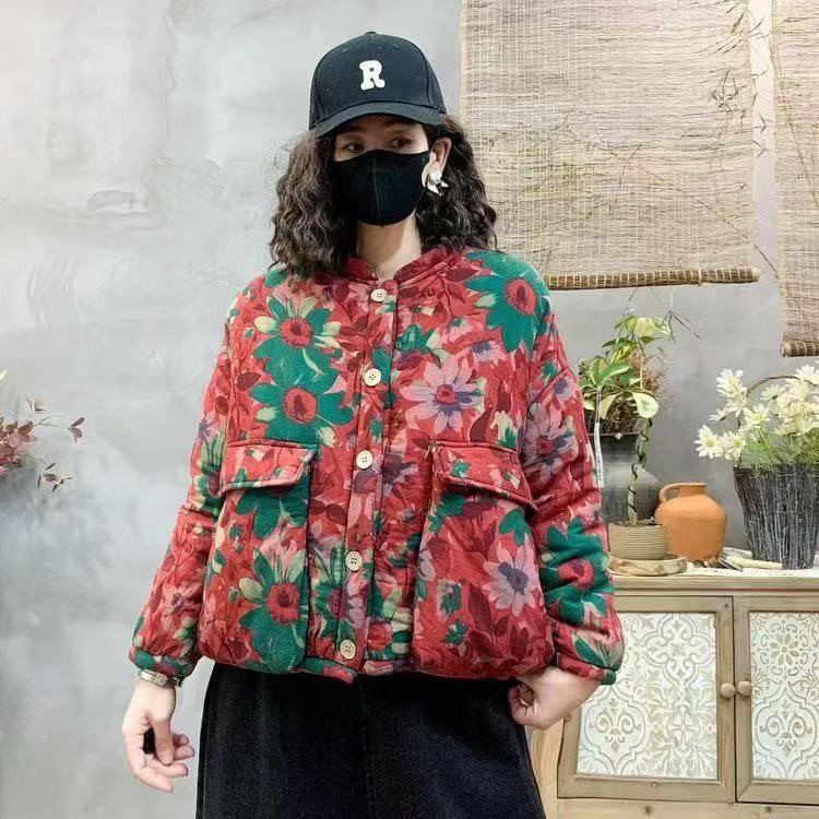 冬季新款宽松加厚加绒加棉复古时尚休闲砂洗炒色工艺花色保暖棉袄