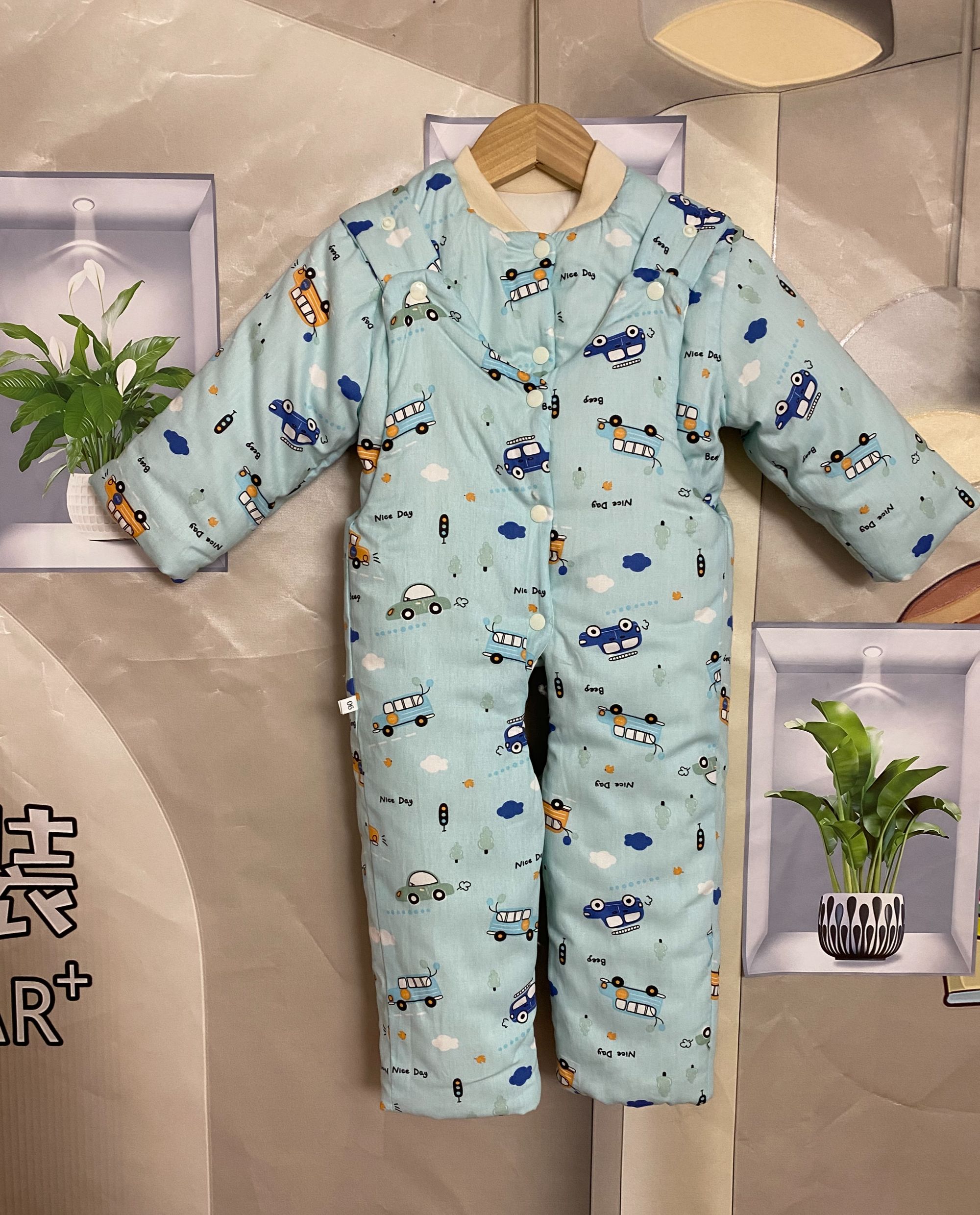  蓝绿色小汽车手工棉花衣斜纹棉背带上下套装