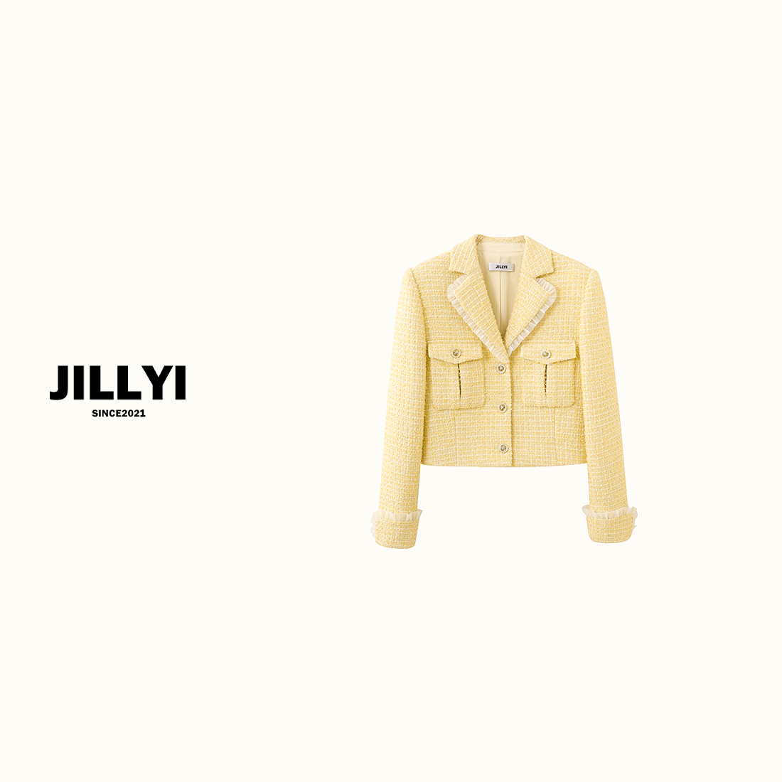 JILLYI【蜜柚少女】黄色西装领拼接白色网纱粗花呢女团气质外套