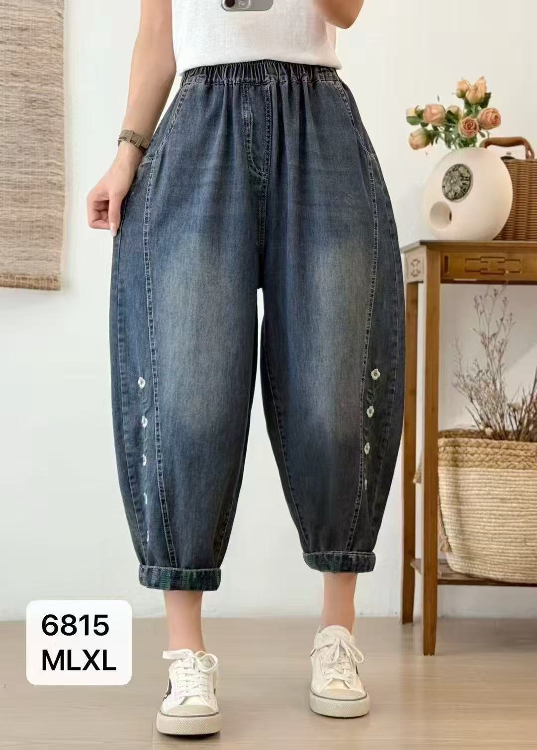 6815大码休闲夏季阔腿破洞九分裤松紧腰宽松薄款拼接水洗老爹裤