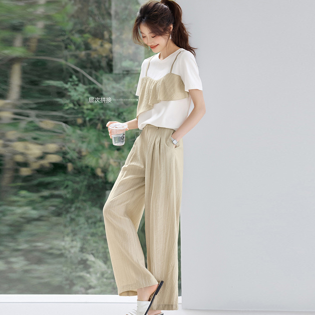 3.29早预告款春季款小众设计假两件上衣裤子时尚两件套装WWW3296