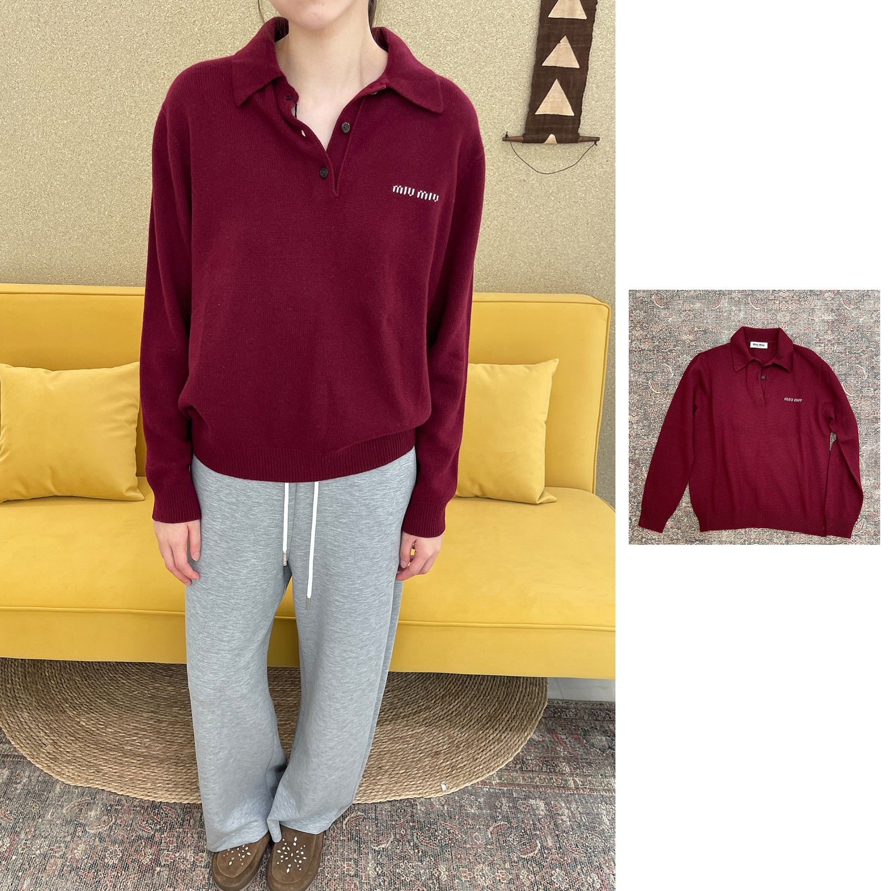 未使用 MIU MIU/缪缪 酒红色徽标羊绒POLO衫 MMLB71-17SA-F0399
