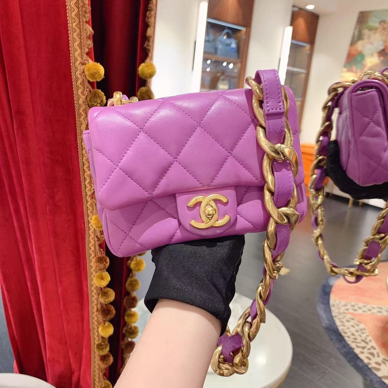 95新 Chanel/香奈儿 22s粗链条方胖子紫色单肩包芯片款/17378691