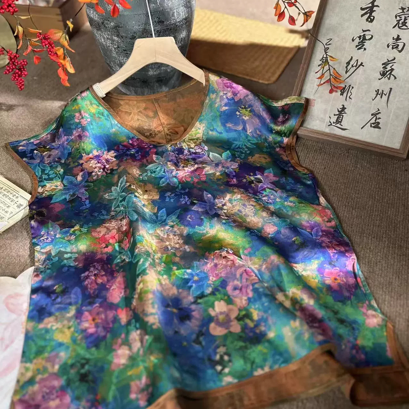 夏季新款新中式国风宽松显瘦鸡心领彩绘花萝短袖上衣