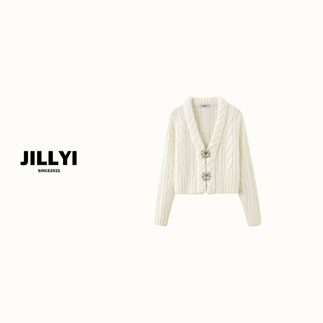 JILLYI南山店【云岭茉莉】白色V领宝石双扣轻奢时尚针织开衫秋冬
