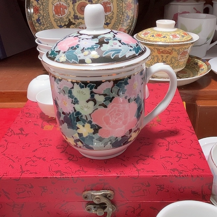 茶具官窑群力80年代手绘满花办公杯