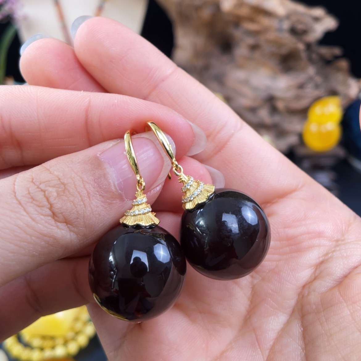 【闪购商品】琥珀珠宝奇石银S925镀金镶嵌