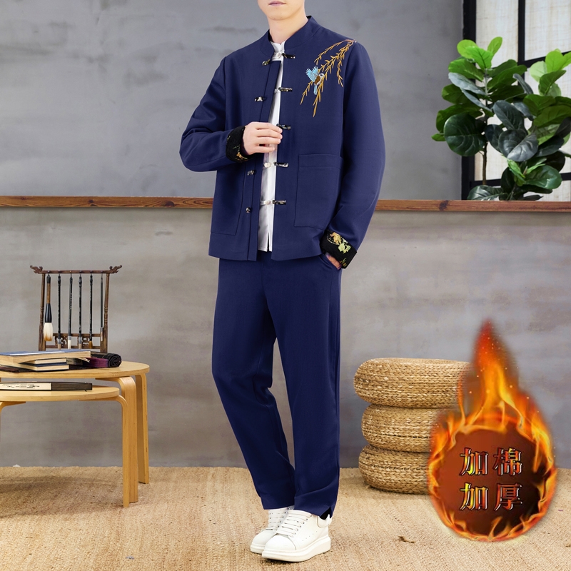 男士中国风夹克套装加棉厚保暖棉衣外套冬季新款中式百搭休闲唐装