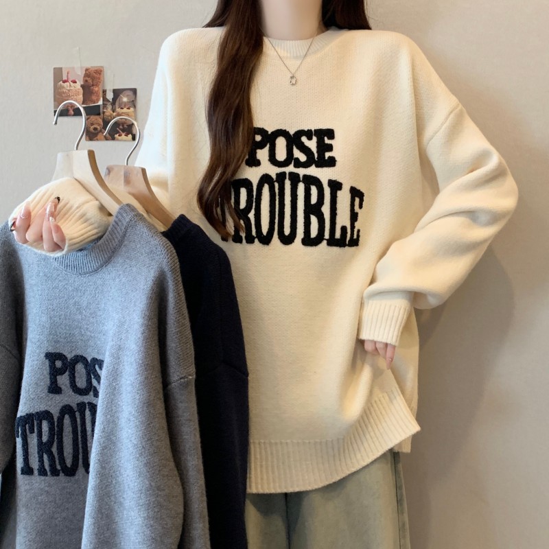 圆领字母套头毛衣女冬季新款微胖mm宽松显瘦毛巾绣落肩袖上衣长袖