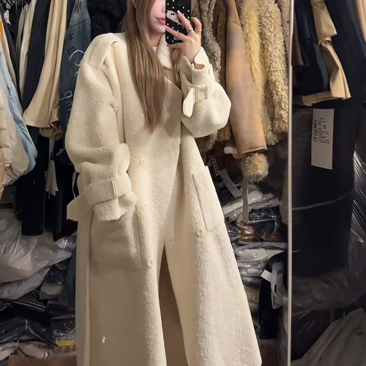 【FF】秋冬韩系一体羊羔毛宽松长款大衣网红时尚