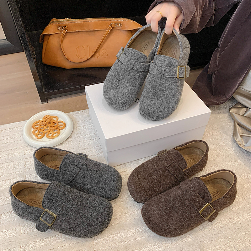 爆款复古小众毛呢全包勃肯鞋2025秋冬新款软底平底懒人一脚蹬单鞋