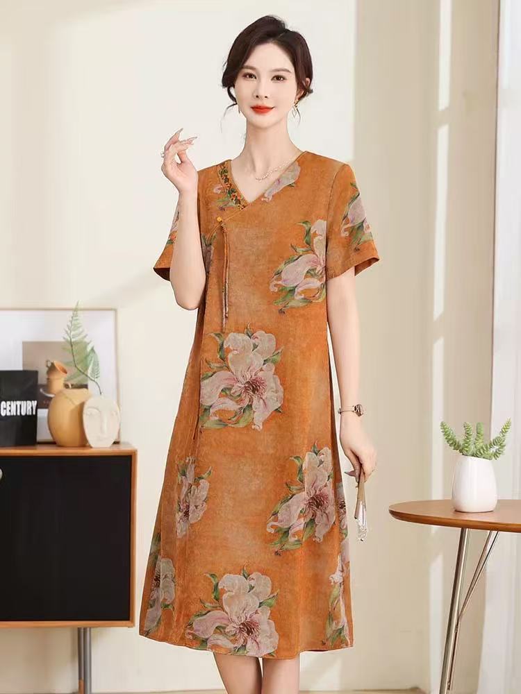 2025夏季新款连衣裙国风过膝长裙女复古裙子