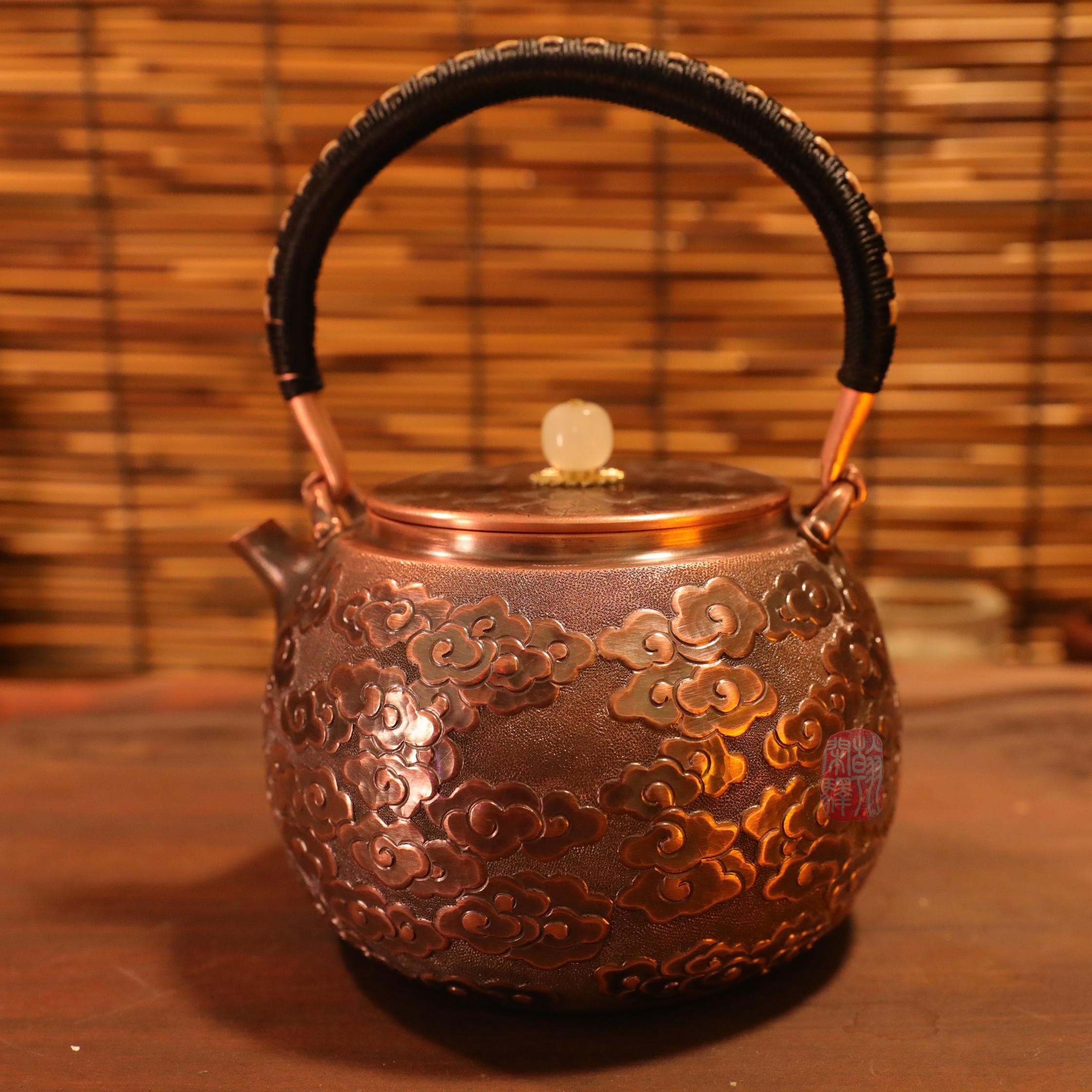 【翰闲阁】1200ml 古法旧色錾刻祥云提梁紫铜烧水壶 茶器茶道煮茶