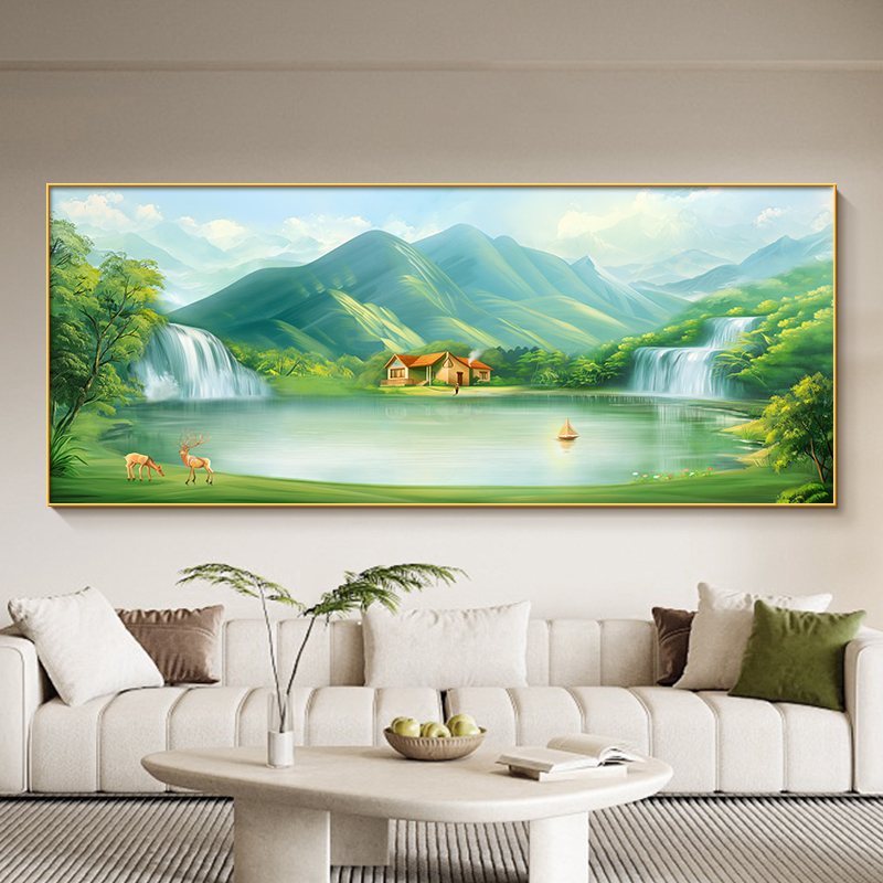 客厅大气感挂画背有靠山背景墙墙上聚宝盆山水装饰画中国风挂画