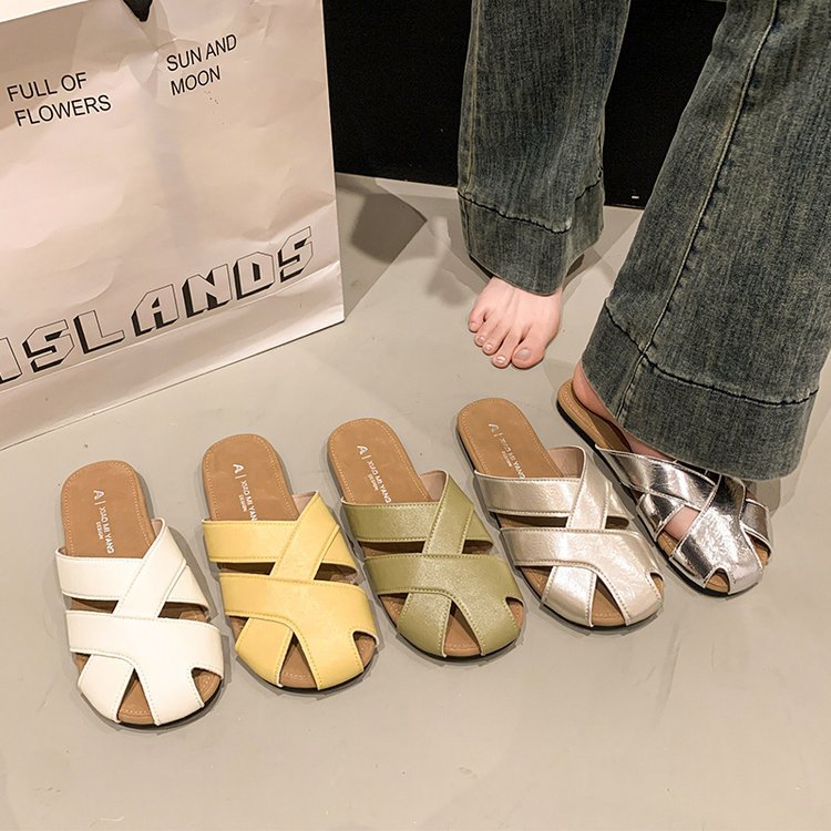 法式复古编织包头半拖鞋女2025夏季新款平底凉拖外穿休闲时尚女鞋