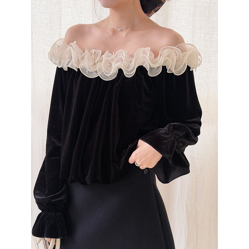 有风YFeeling设计感斜肩蕾丝花边丝绒衬衫女新款气质小衫上衣