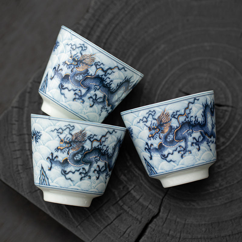 金银错龙纹陶瓷功夫小茶杯家用泡茶杯品茗杯复古主人杯单杯喝茶杯