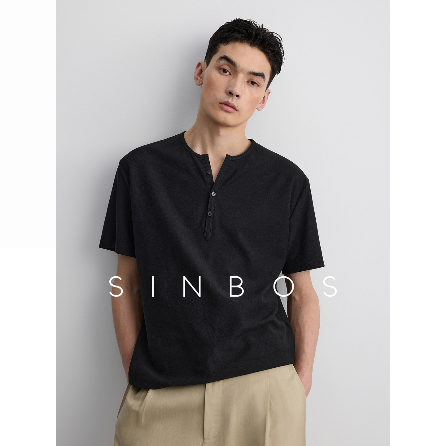 SINBOS摩尔庄园 全棉小V领亨利开襟男士短袖T恤