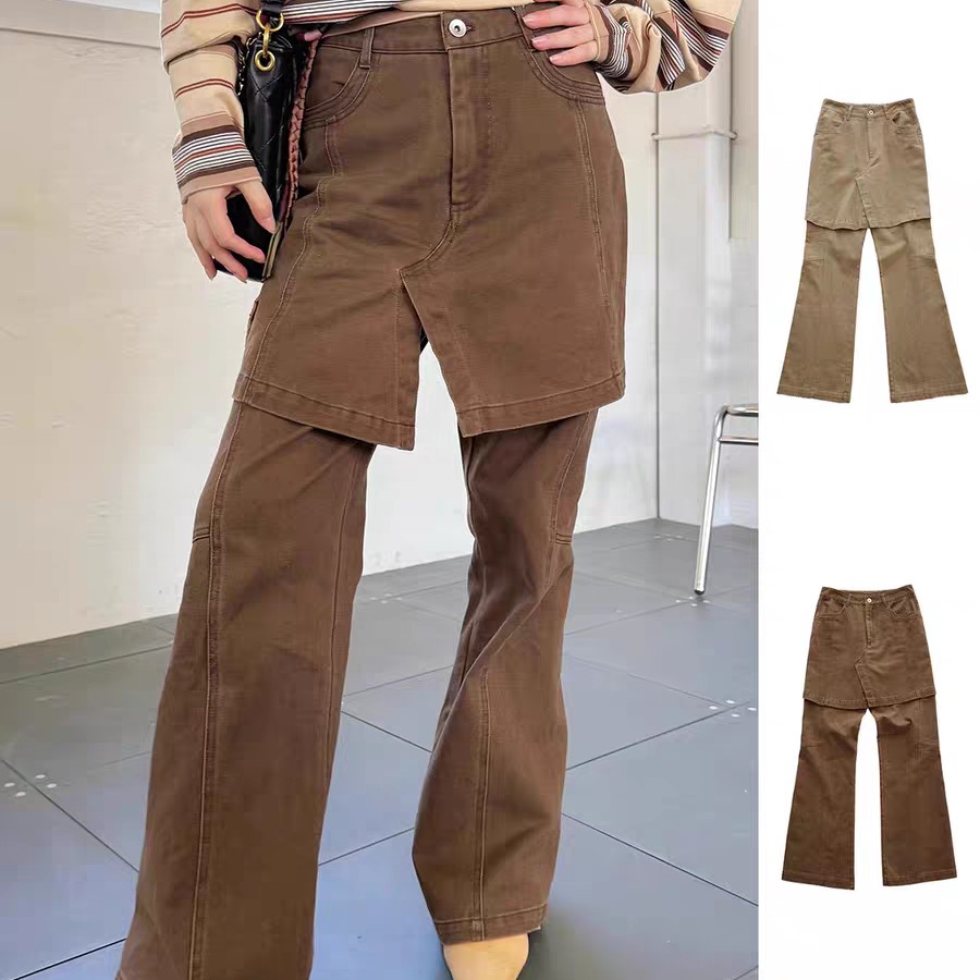 [新品]MANZANILLA设计师品牌假两件斜纹微喇裤