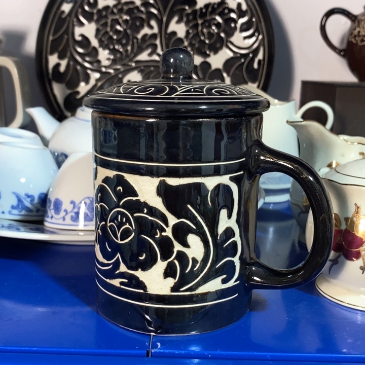 瓷片磁州窑黑刻盖杯微瑕疵