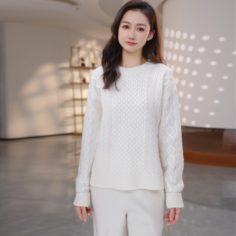 【重磅羊绒】500克山羊绒刚需打底圆领女装时尚绞花慵懒复古羊绒衫