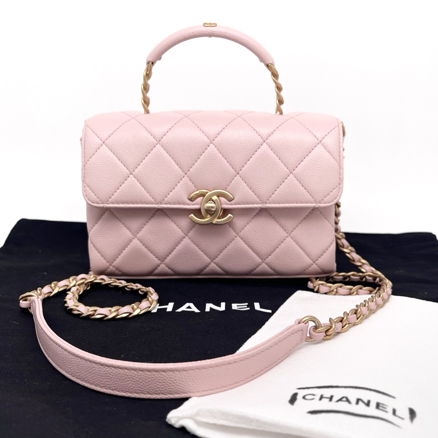 99新 Chanel/香奈儿 芯片款 樱花粉色金扣 荔枝牛皮 手提斜挎包