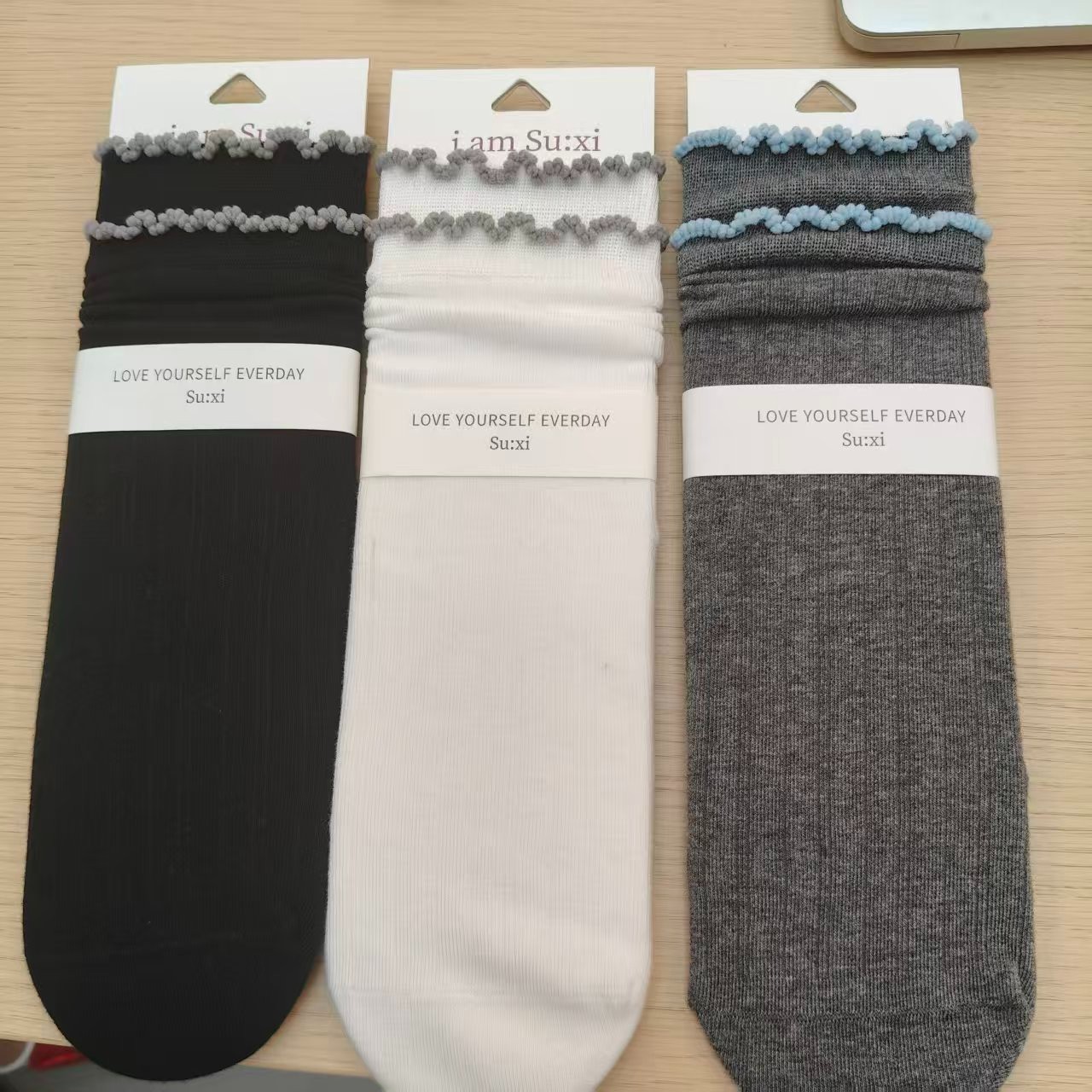 女士双木耳长筒堆堆袜3色一组