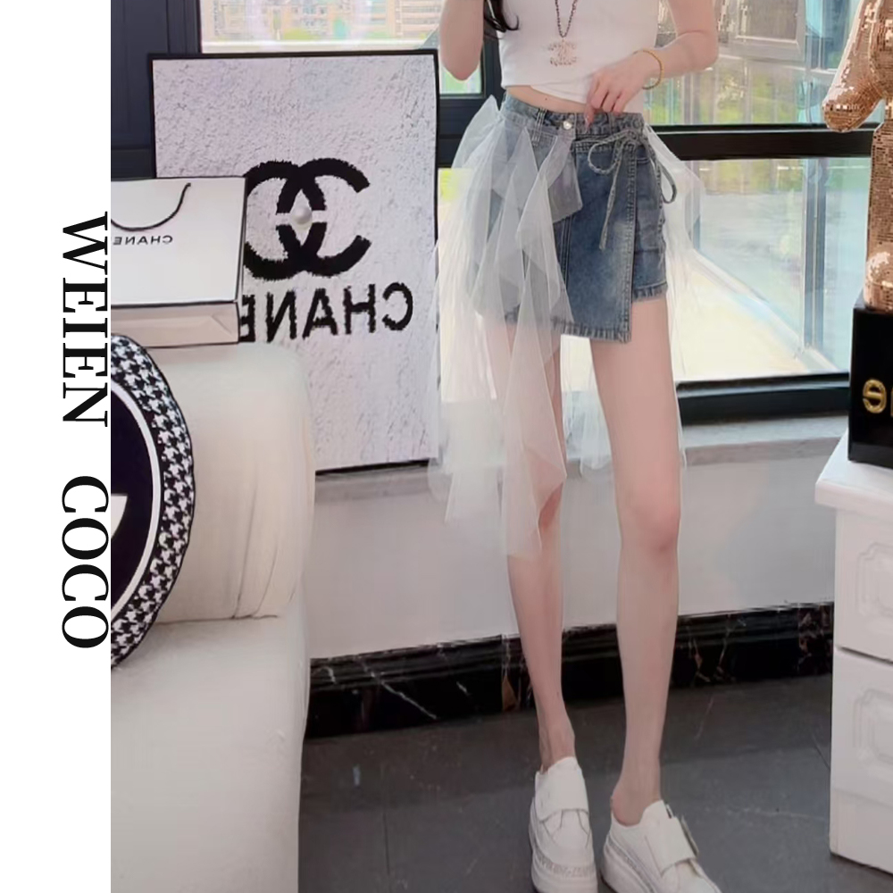 【薇恩COCO】潮流高腰蕾丝拼接牛仔短裤休闲百搭潮流春夏短裤K4425