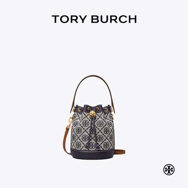 TORY BURCH/汤丽柏琦织物拼牛皮革 水桶包斜挎手提包 小号80534 